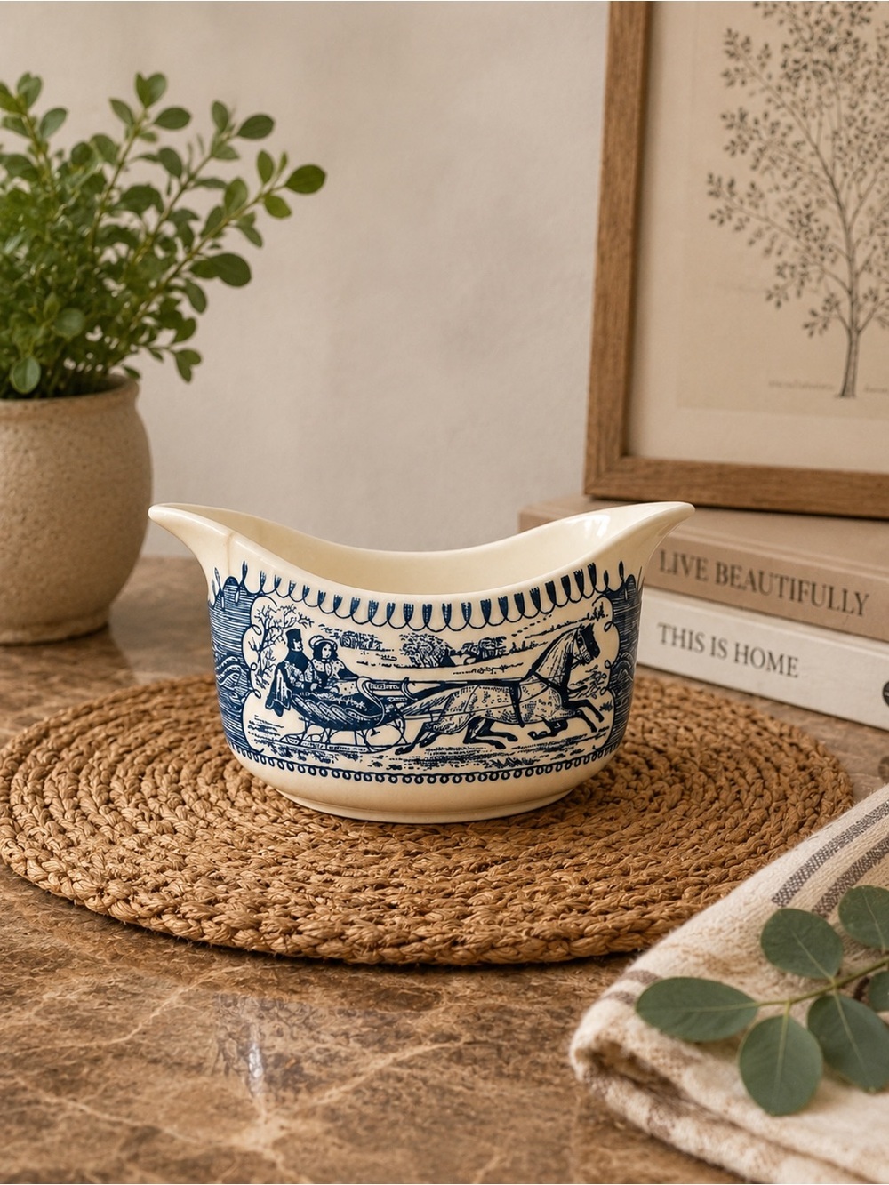 Blue Transferware Serving Bowl - Cream & Navy